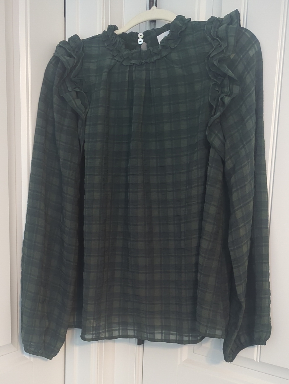 Dark Green Plaid Ruffle-Trim Blouse